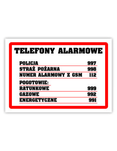 Tabliczka informacyjna A5 laminowana z napisem Telefony Alarmowe TA0054