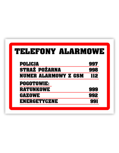 tabliczka informacyjna telefony alarmowe A5